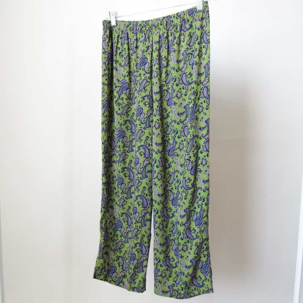 VINTAGE 90s Green Floral Paisley Print Summer Pants High Rise Rayon Size/Medium